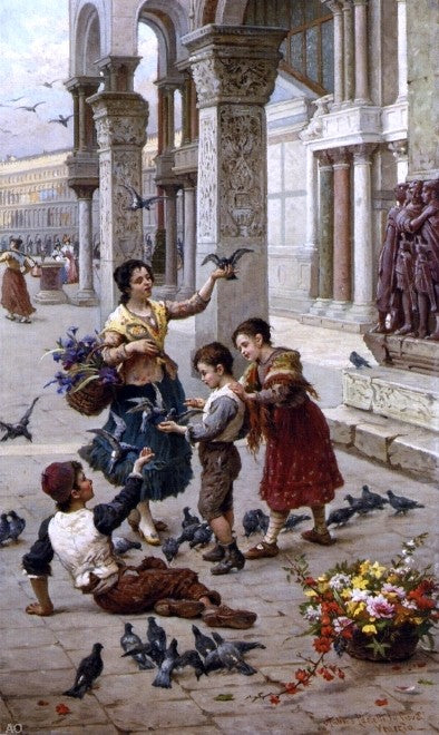 Antonio Paoletti Feeding the Pigeons at Piazza St. Marco, Venice - Canvas Print