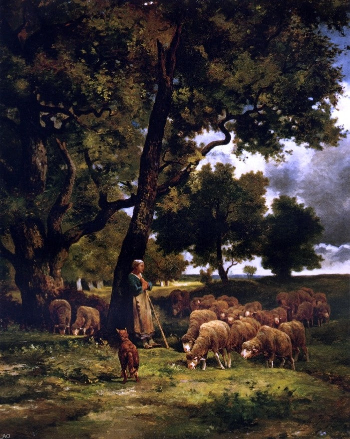 Charles Emile Jacque The Shepherdess and Her Flock - Canvas Print
