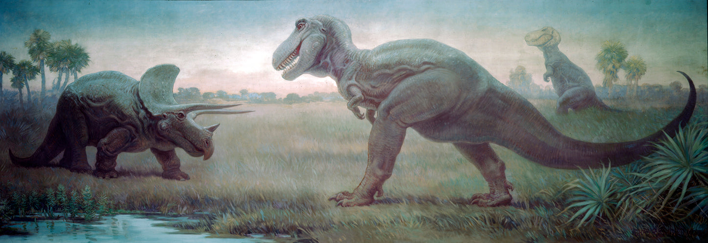 Charles R. Knight Triceratops Confronting a Tyrannosaurus - Canvas Print