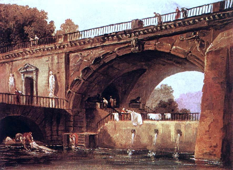 Hubert Robert Washerwomen below a Bridge - Canvas Print