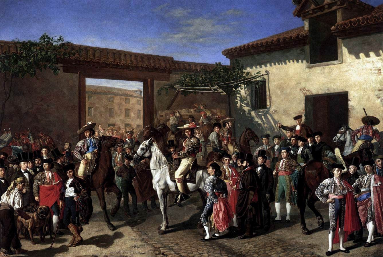 Manuel Castellano Horses in a Courtyard by the Bullring before the Bullfight, Madrid - Canvas Print