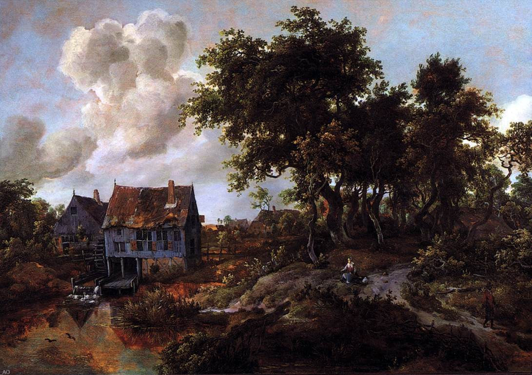 Meyndert Hobbema A Watermill beside a Woody Lane - Canvas Print