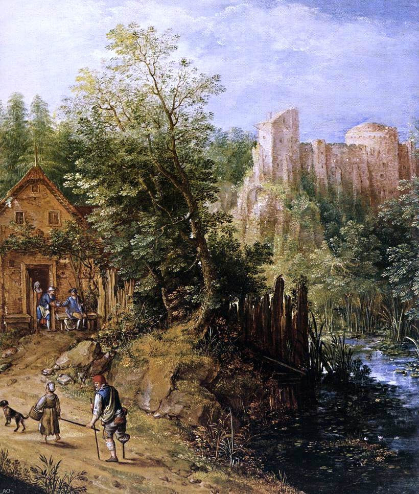 Pieter Stevens Mountain Valley with Inn and Castle (detail) - Canvas Print