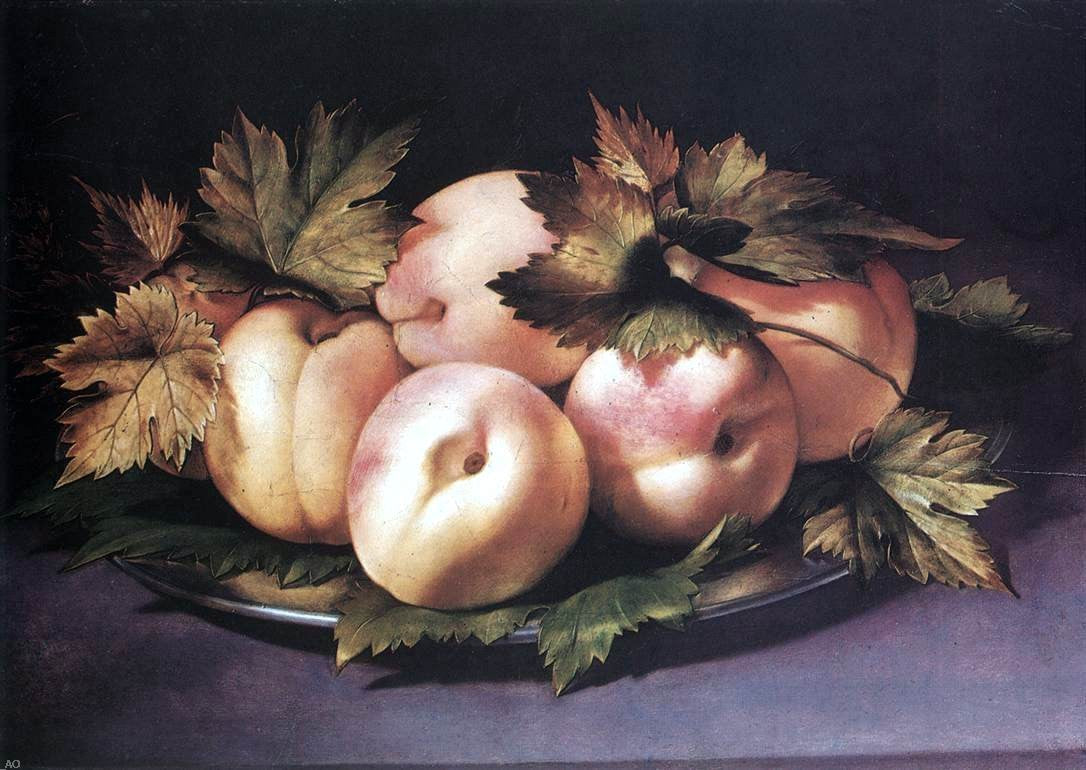 Giovanni Ambrogio Figino Metal Plate with Peaches and Vine Leaves - Canvas Print
