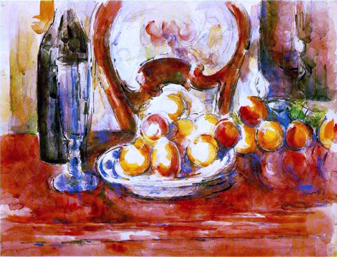 Paul Cezanne Still Life - Apples, a Bottle and Chairback - Canvas Print