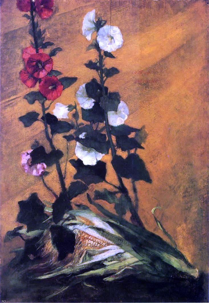 John La Farge Hollyhocks and Corn - Canvas Print