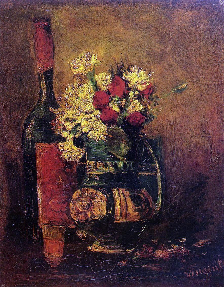 Vincent Van Gogh Vase with Carnations and Roses and a Bottle - Canvas Print