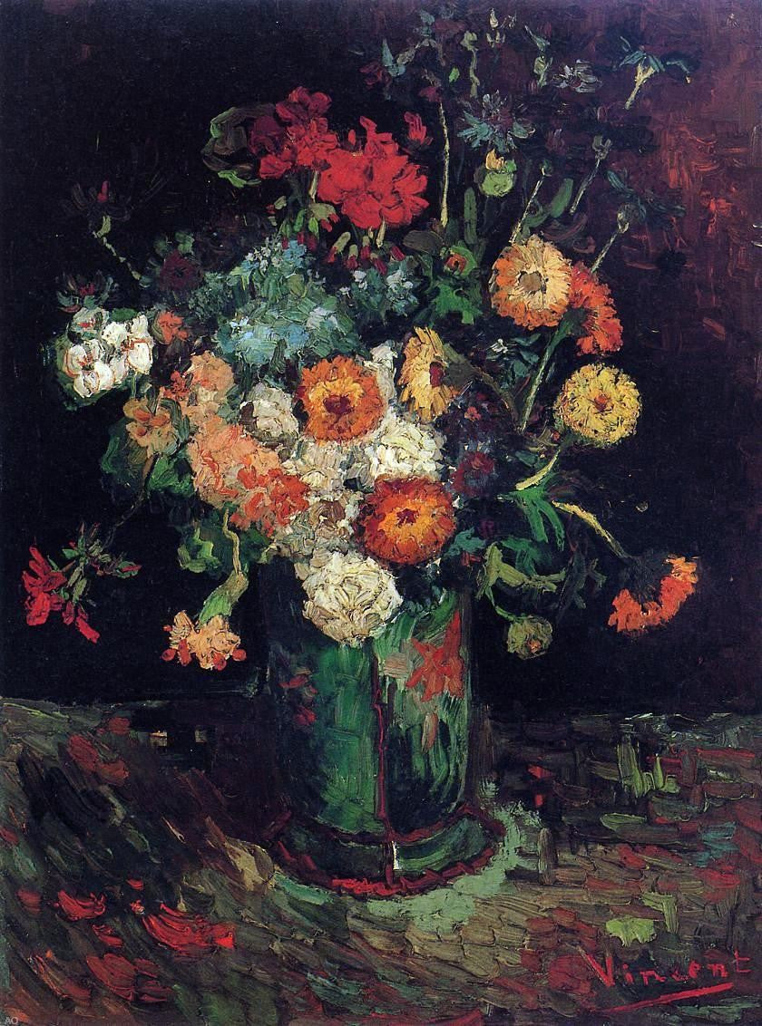 Vincent Van Gogh Vase with Zinnias and Geraniums - Canvas Print