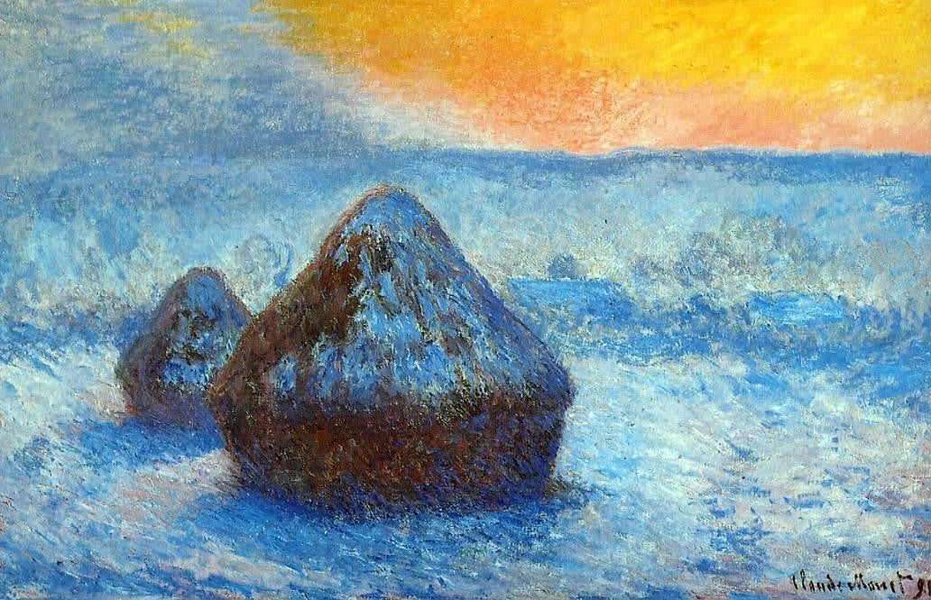 Claude Oscar Monet Grainstacks at Sunset, Snow Effect - Canvas Print