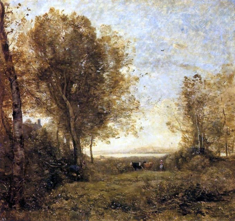 Jean-Baptiste-Camille Corot Morning - Woman Hearding Cows - Canvas Print