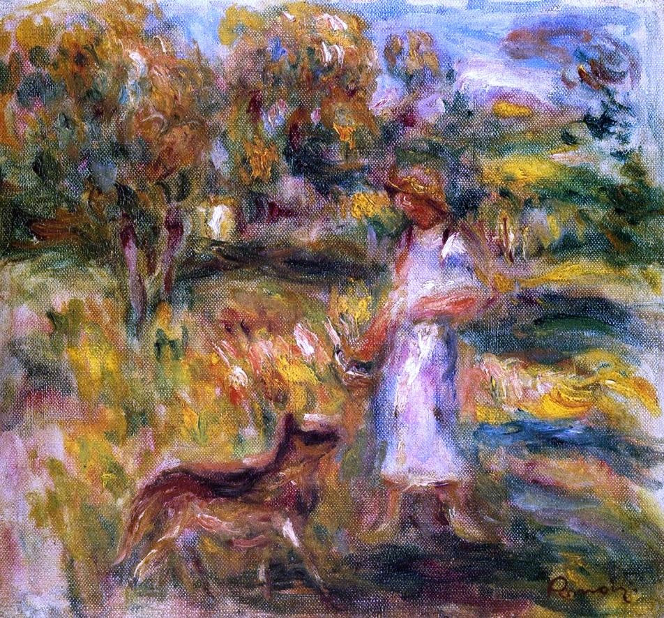 Pierre Auguste Renoir Woman in Blue and Zaza in a Landscape - Canvas Print