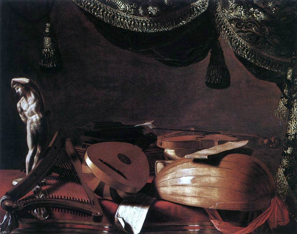 Evaristo Baschenis Still-Life with Musical Instruments and a Small Classical Statue - Canvas Print