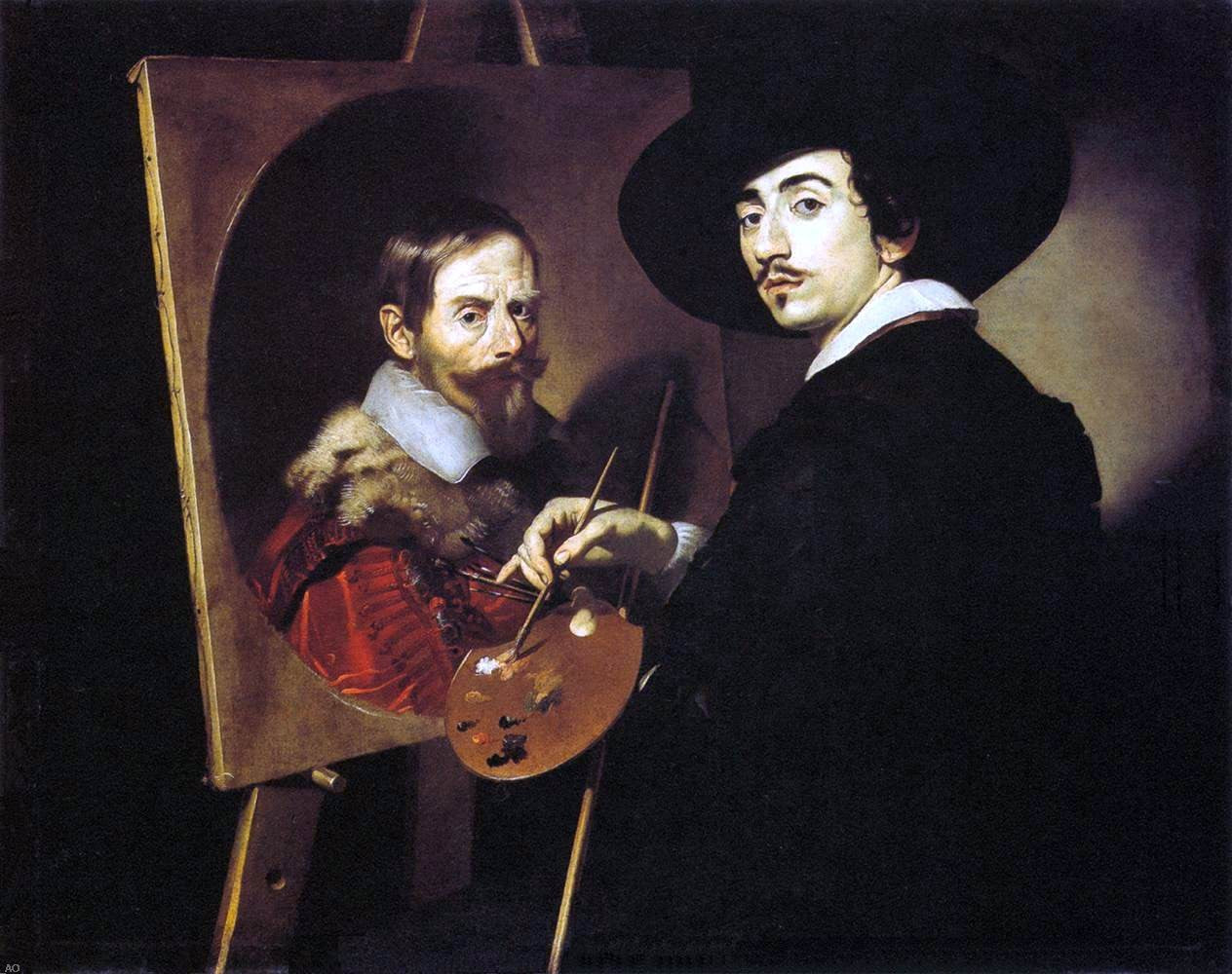 Nicolas Regnier Self-Portrait with a Portrait on an Easel - Canvas Print