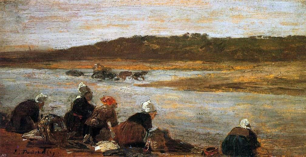 Eugene-Louis Boudin Laundresses on the Banks of the Touques (also known as The Effect of Fog) - Canvas Print