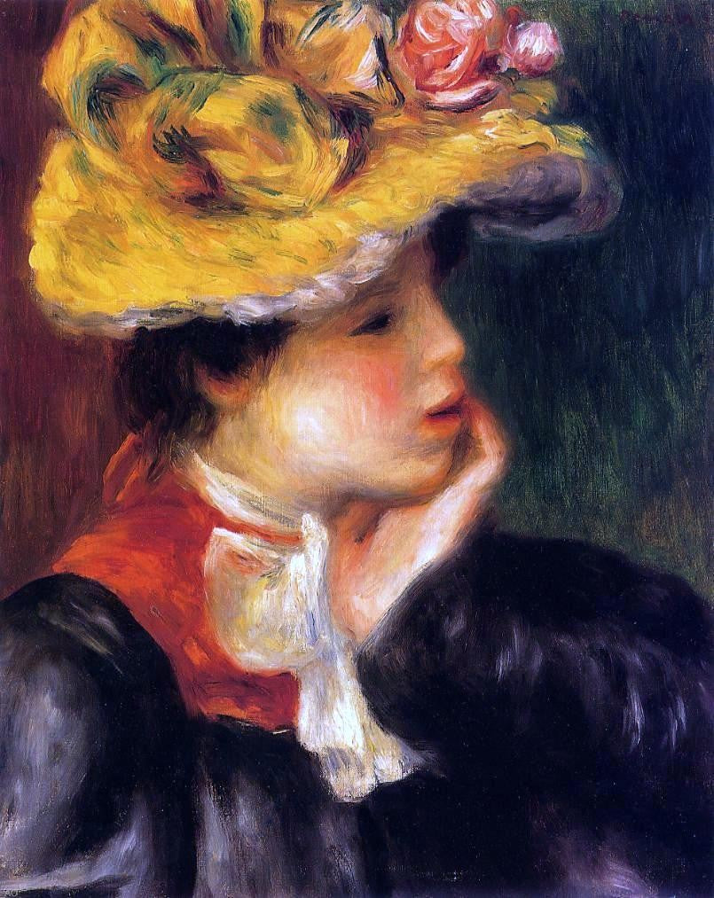 Pierre Auguste Renoir Head of a Young Woman (also known as Yellow Hat) - Canvas Print