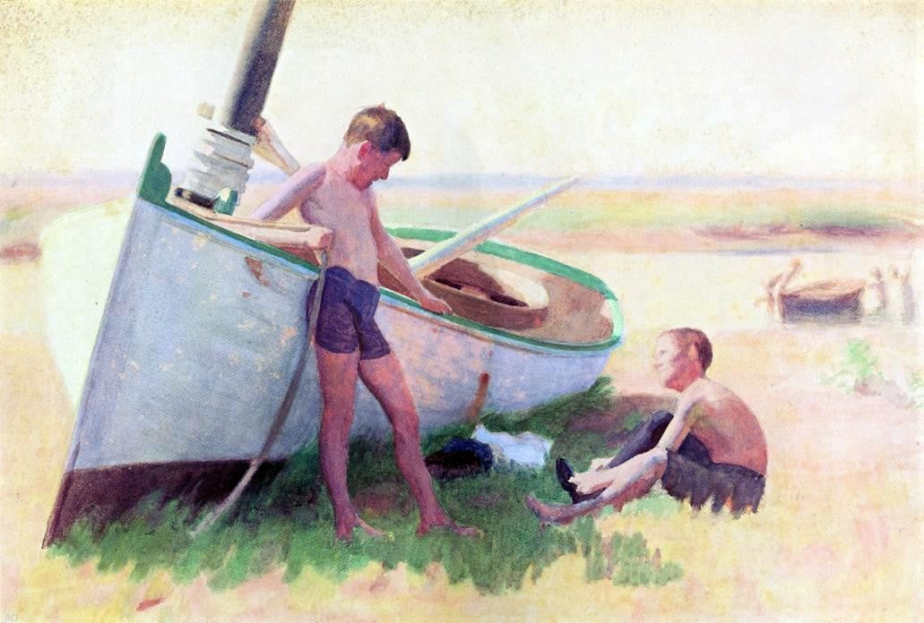Thomas Pollock Anschutz Two Boys by a Boat - Near Cape May - Canvas Print