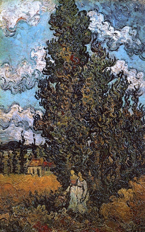Vincent Van Gogh Cypresses and Two Women - Canvas Print