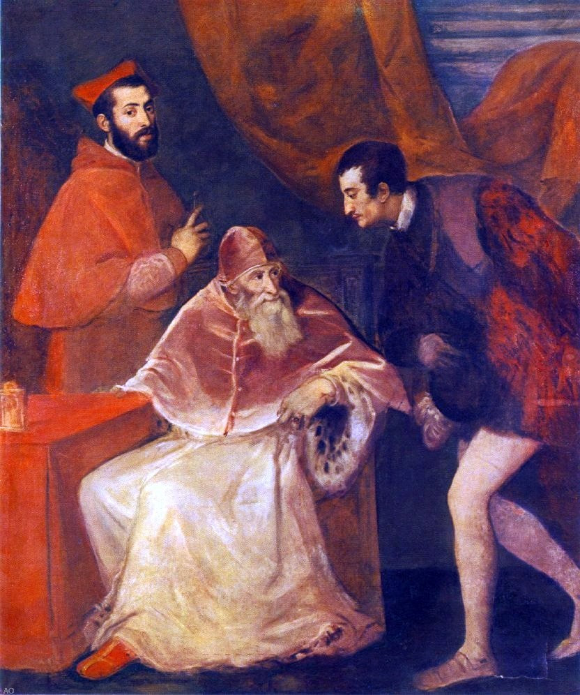 Titian Pope Paul III and his Cousins Alessandro and Ottavio Farnese - Canvas Print