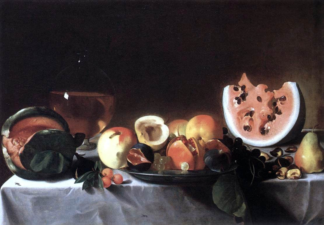 Pensionante Del saraceni Still-Life with Fruit and a Carafe of White Wine - Canvas Print