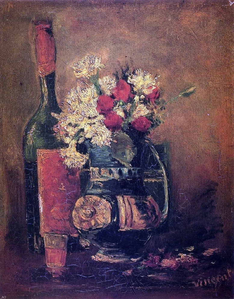 Vincent Van Gogh Vase with Carnations and Bottle - Canvas Print