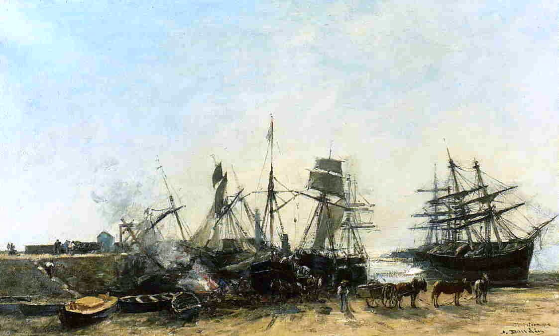 Eugene-Louis Boudin Portrieux, the Port at Low Tide, Unloading Fish - Canvas Print