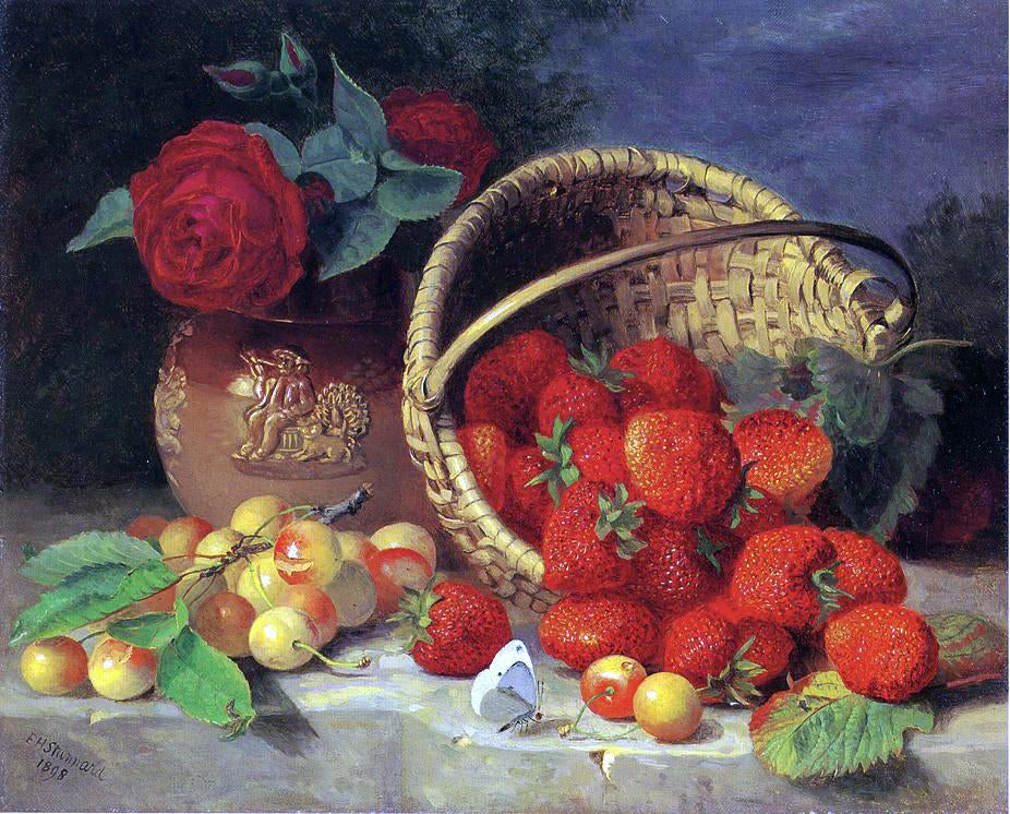 Eloise Harriet Stannard A Basket of Strawberries, Cherries, a Butterfly and Red Roses in a Vase on a Stone Ledge - Canvas Print