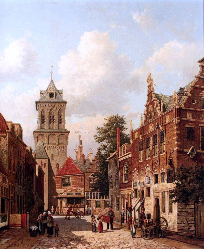 Willem De Haas Hemken A Busy Street In A Town - Canvas Print