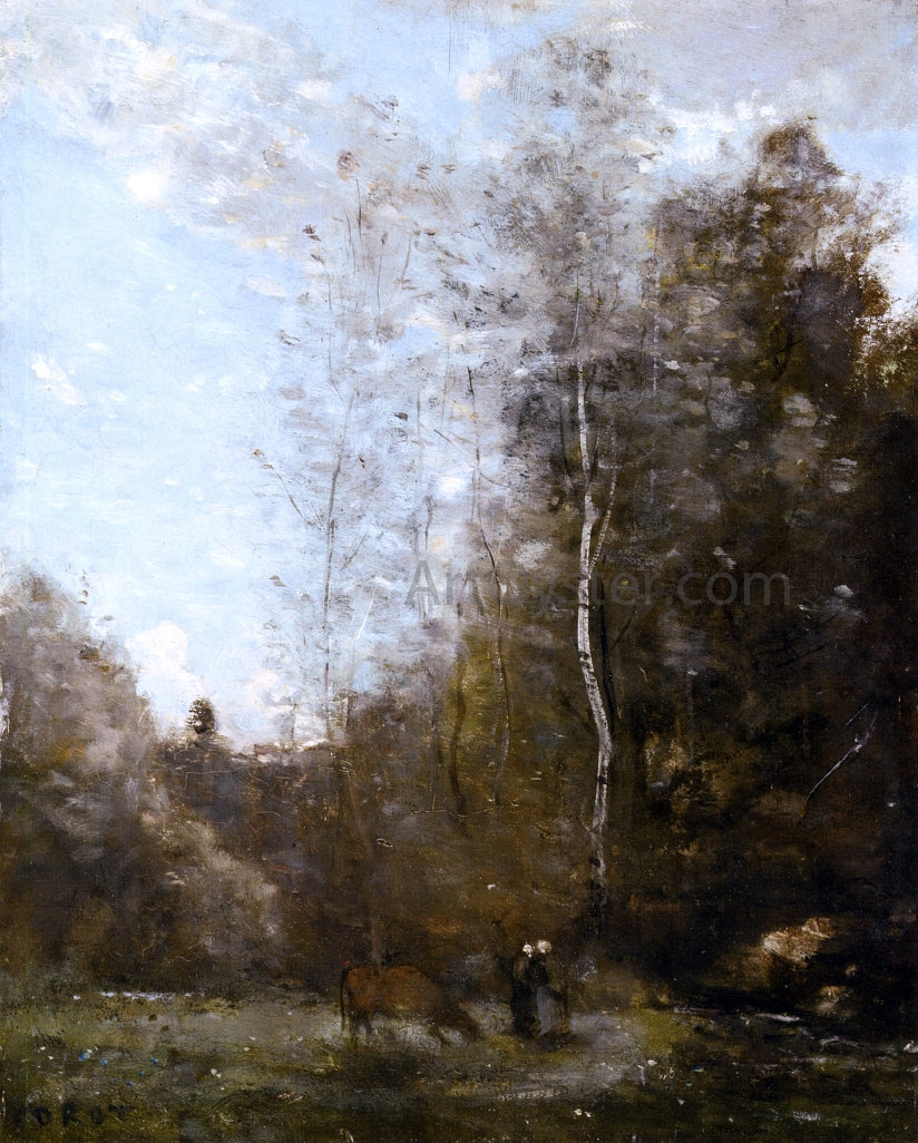Jean-Baptiste-Camille Corot A Cow Grazing beneath a Birch Tree - Canvas Print