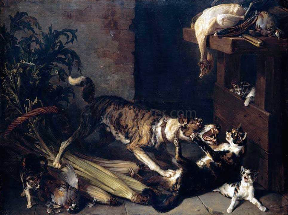 Alexandre-Francois Desportes Dog and a Cat Fighting in a Kitchen Interior - Canvas Print