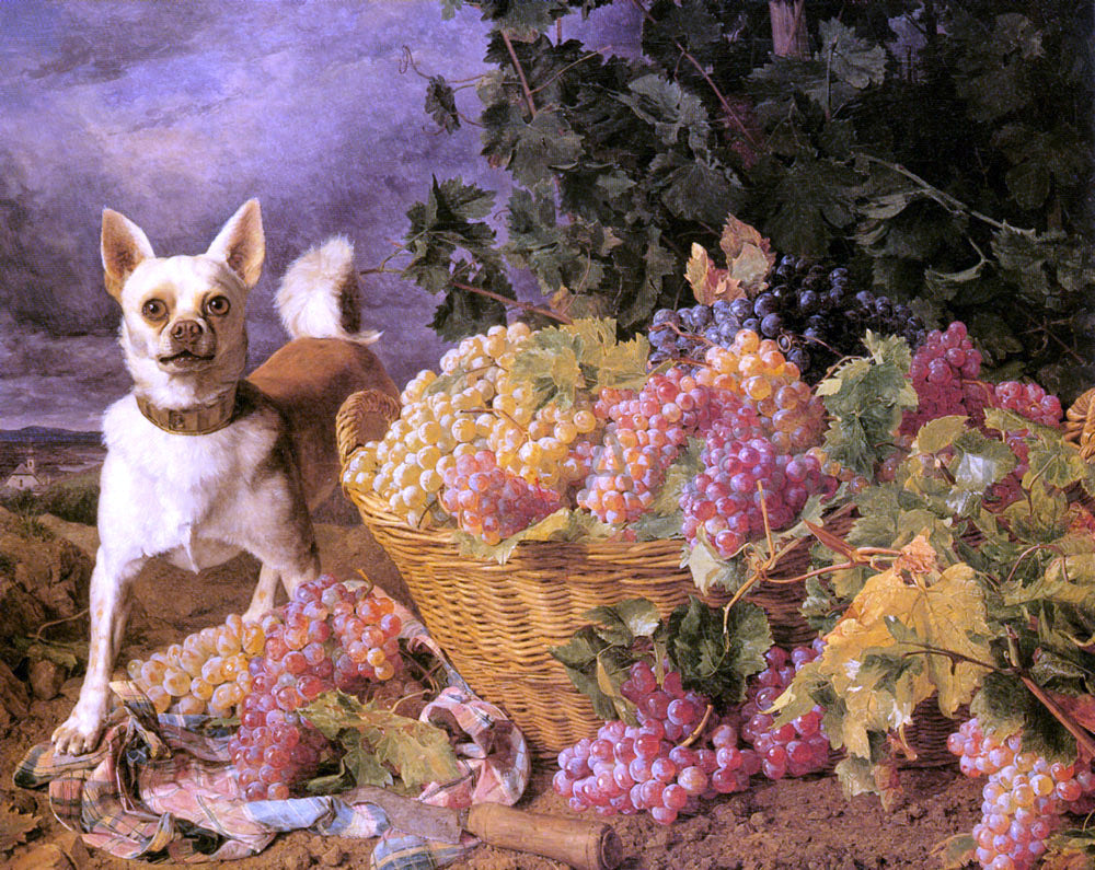 Ferdinand Georg Waldmuller A Dog By A Basket Of Grapes In A Landscape - Canvas Print
