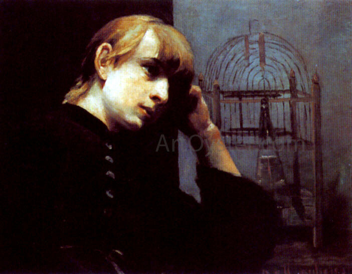 Joseph Jannsens De Waerebeke A Dreamy Girl by a Bird Cage - Canvas Print