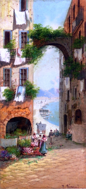 Girolamo Gianni A Flower Market with a View of Vesuvius, Naples - Canvas Print
