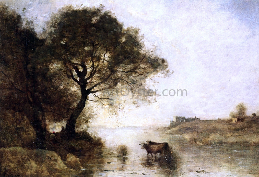 Jean-Baptiste-Camille Corot A Ford with Large Trees - Canvas Print