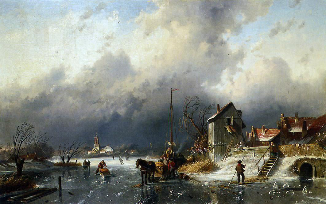 Charles Joseph Leickert Frozen River Landscape with a Horsedrawn Sleigh - Canvas Print