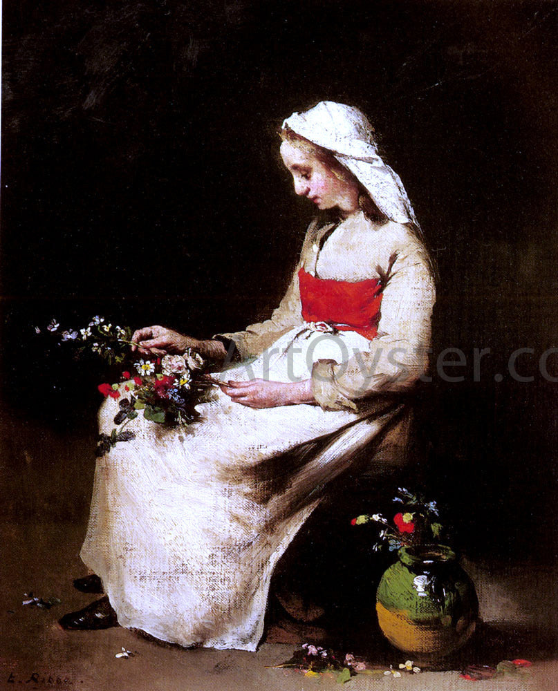 Theodule Ribot A Girl Arranging A Vase Of Flowers - Canvas Print