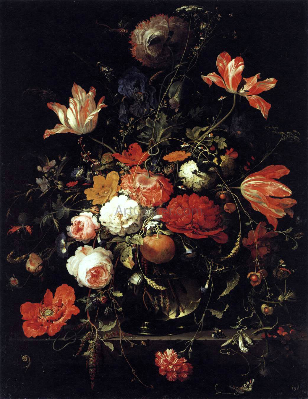 Abraham Mignon A Glass of Flowers and an Orange Twig - Canvas Print