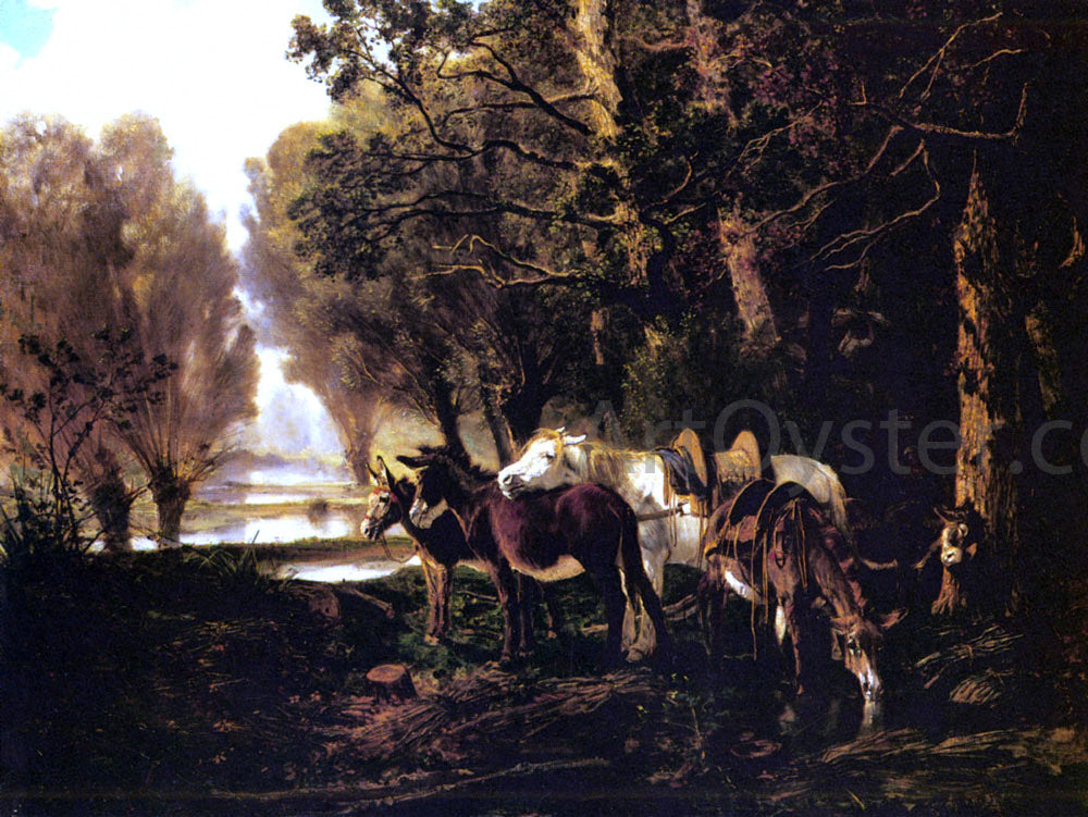 Giuseppe Palizzi A Horse and Donkeys Awaiting the Faggot Gatherer - Canvas Print