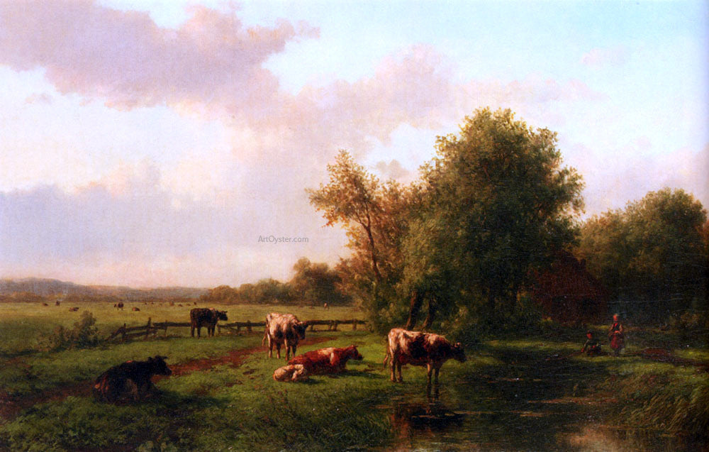 Willem Vester A Landscape With Cows On A Riverbank, A Farm Beyond - Canvas Print