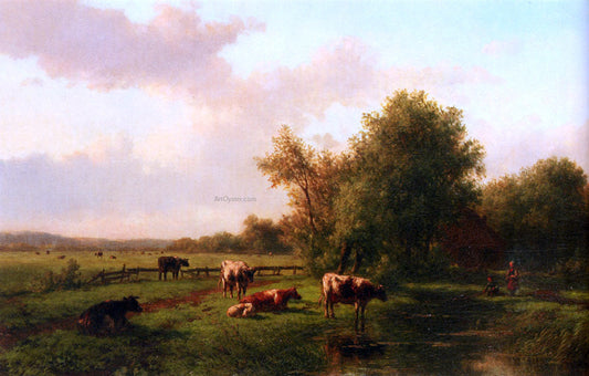 Willem Vester A Landscape With Cows On A Riverbank, A Farm Beyond - Canvas Print