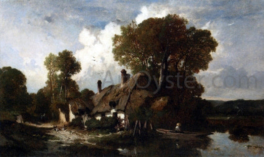 Adolphe Hervier Man in a Boat by a Cottage in a Wooded River Landscape - Canvas Print