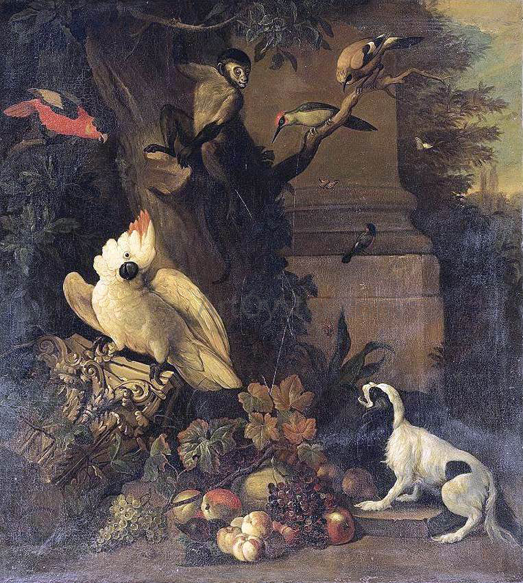 Tobias Stranover A Monkey, a Dog and Various Birds in a Landscape - Canvas Print