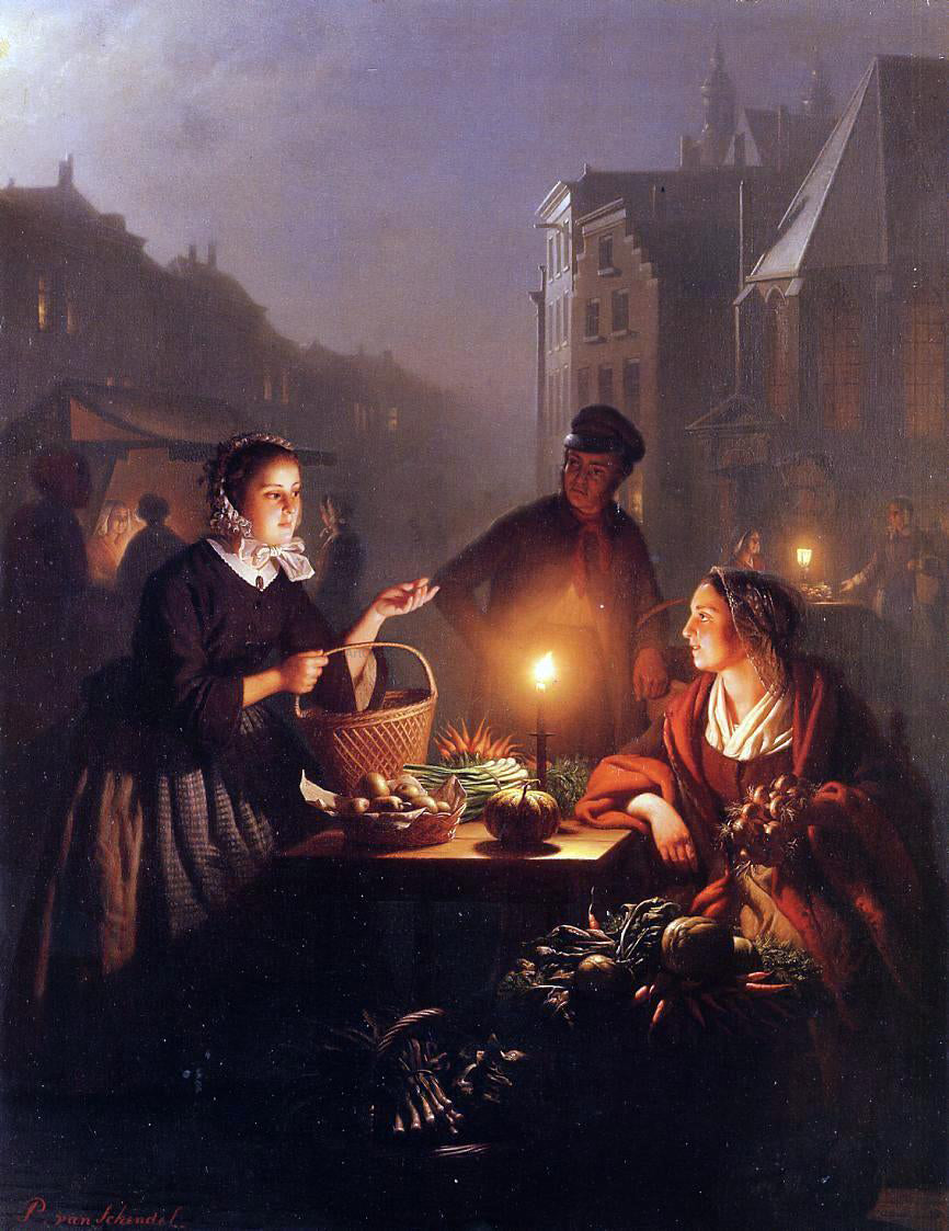 Petrus Van Schendel A Moonlit Vegetable Market - Canvas Print