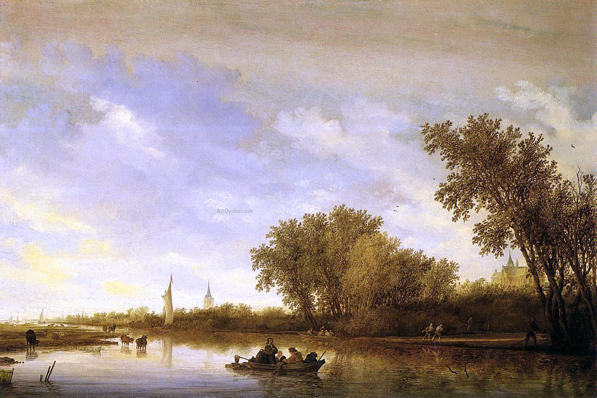 Salomon Van Ruysdael A River Landscape with Boats and Chateau - Canvas Print