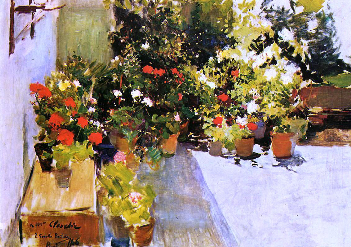 Joaquin Sorolla Y Bastida A Rooftop with Flowers - Canvas Print