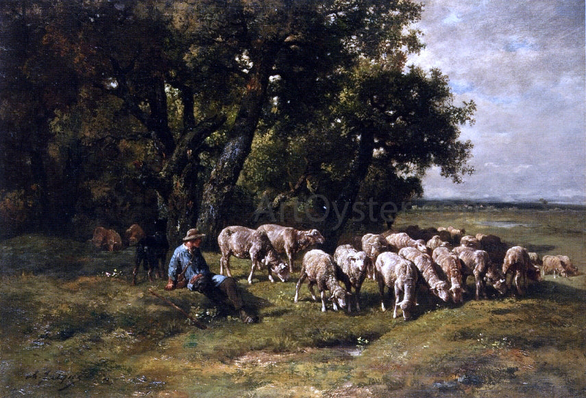 Charles Emile Jacque A Shepherd with His Flock - Canvas Print