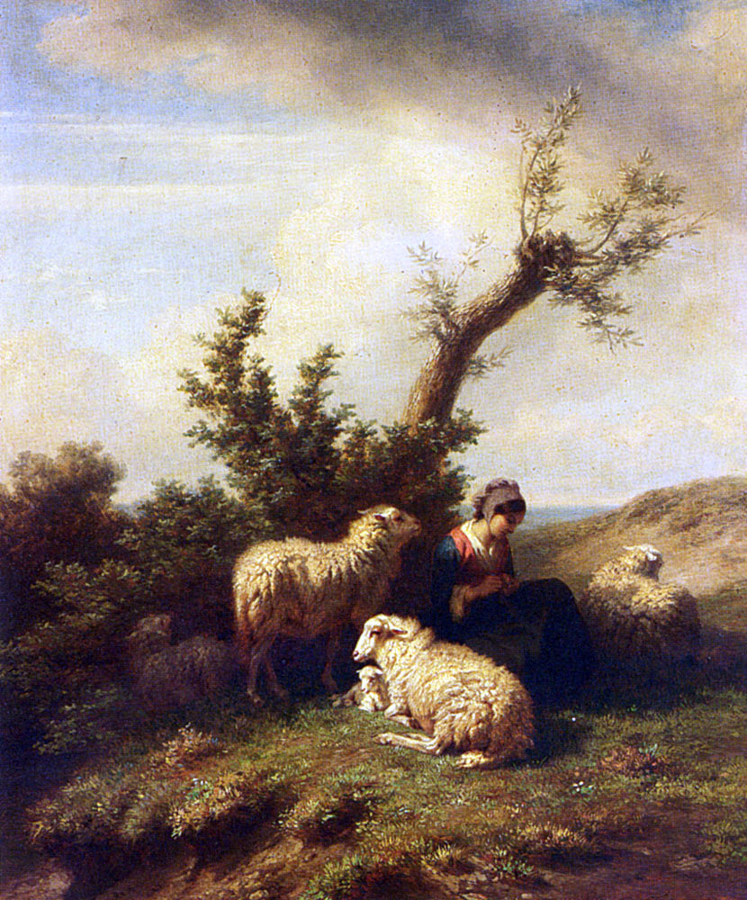 Edmond Baptiste Tschaggeny A Shepherdess and Her Flock - Canvas Print