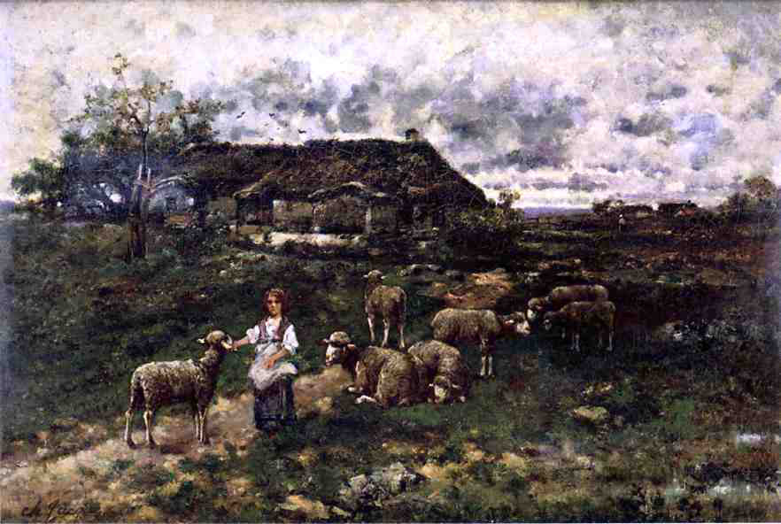 Charles Emile Jacque A Shepherdess and Her Flock - Canvas Print