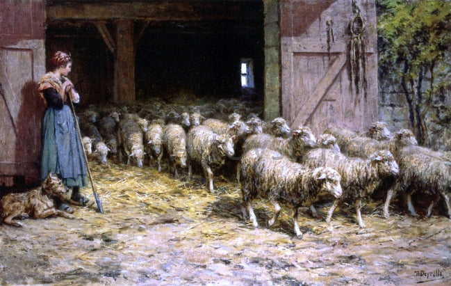 Theophile-Louis Deyrolle A Shepherdess and her Flock - Canvas Print