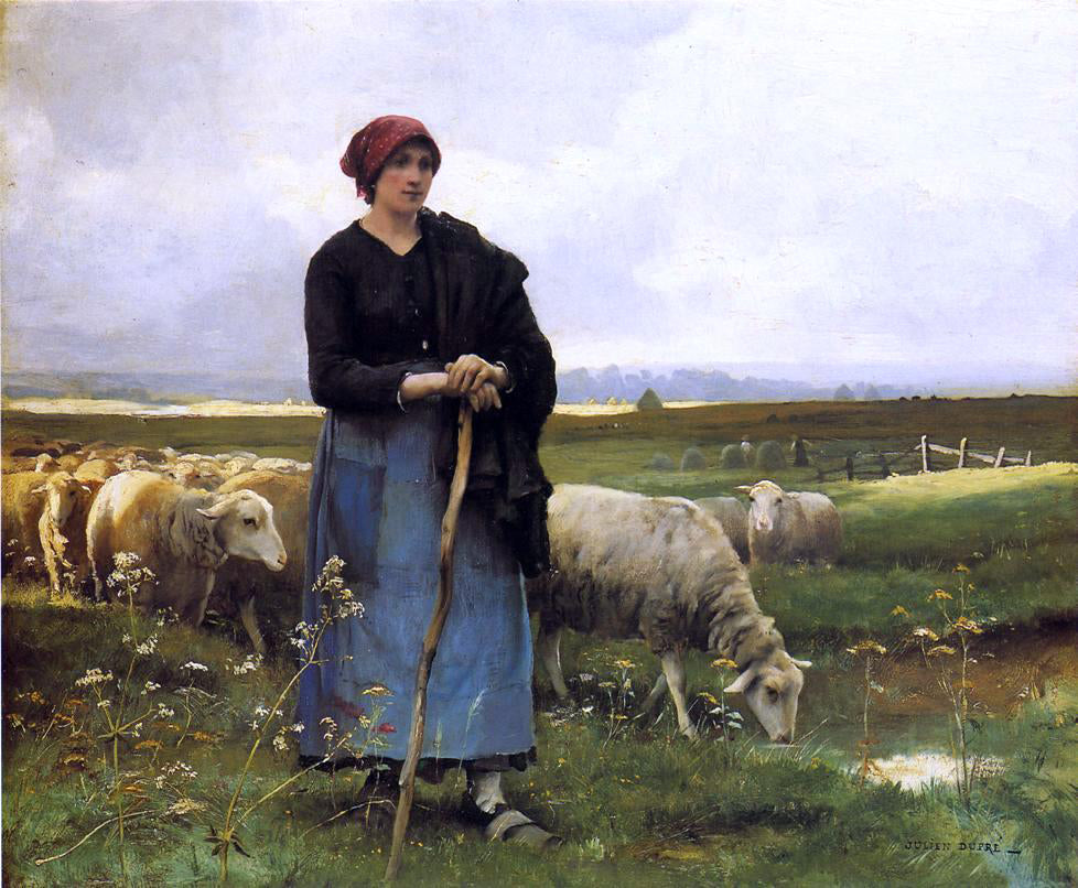 Julien Dupre A Shepherdess with her Flock - Canvas Print