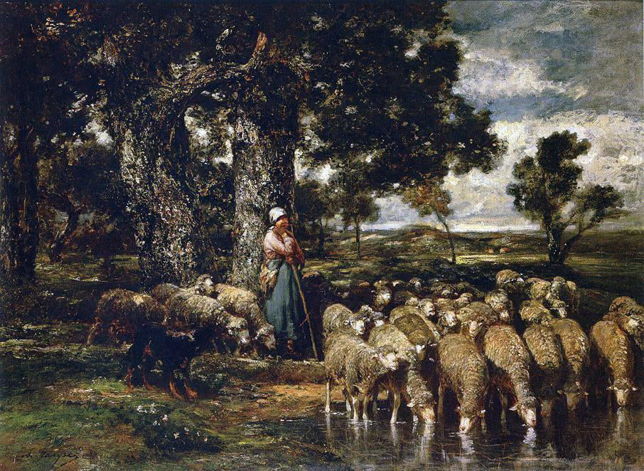 Charles Emile Jacque A Shepherdess with Her Flock - Canvas Print